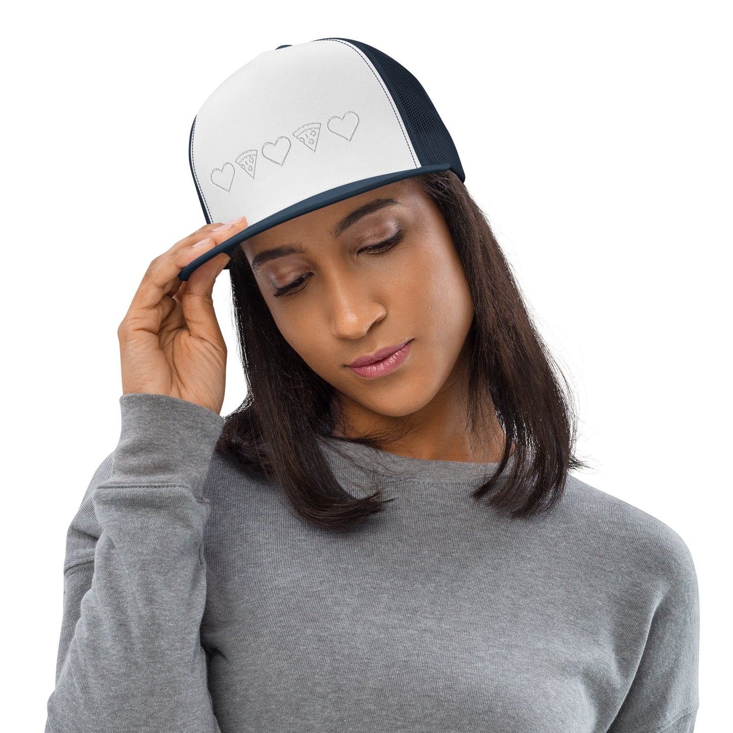 Pizza Love White Embroidered Trucker Black and White Hat -female. City Crawl Adventures.